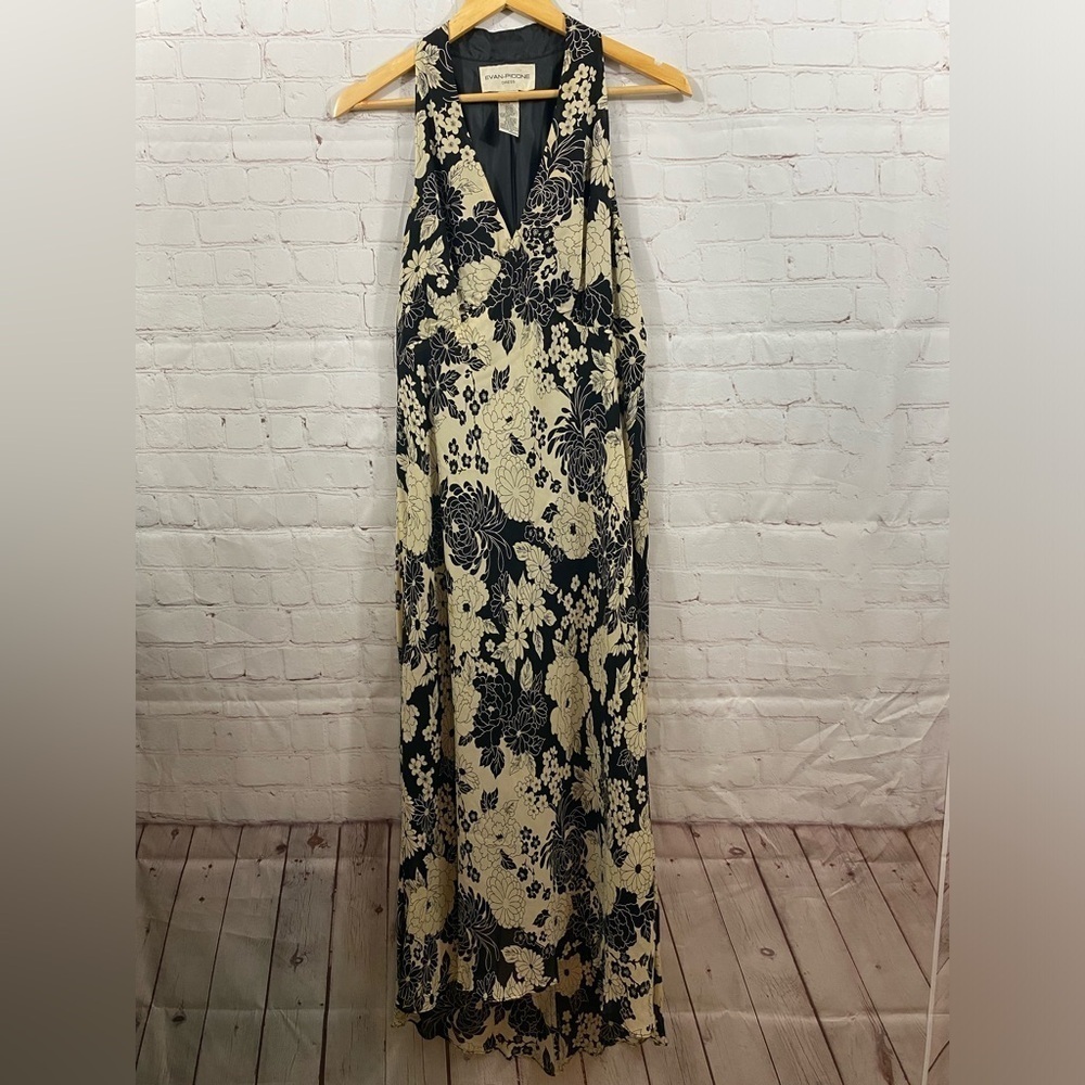 Evan-Picone Dress Womens Size 16 Black Creme Floral Halter High Low Hem Cocktail
